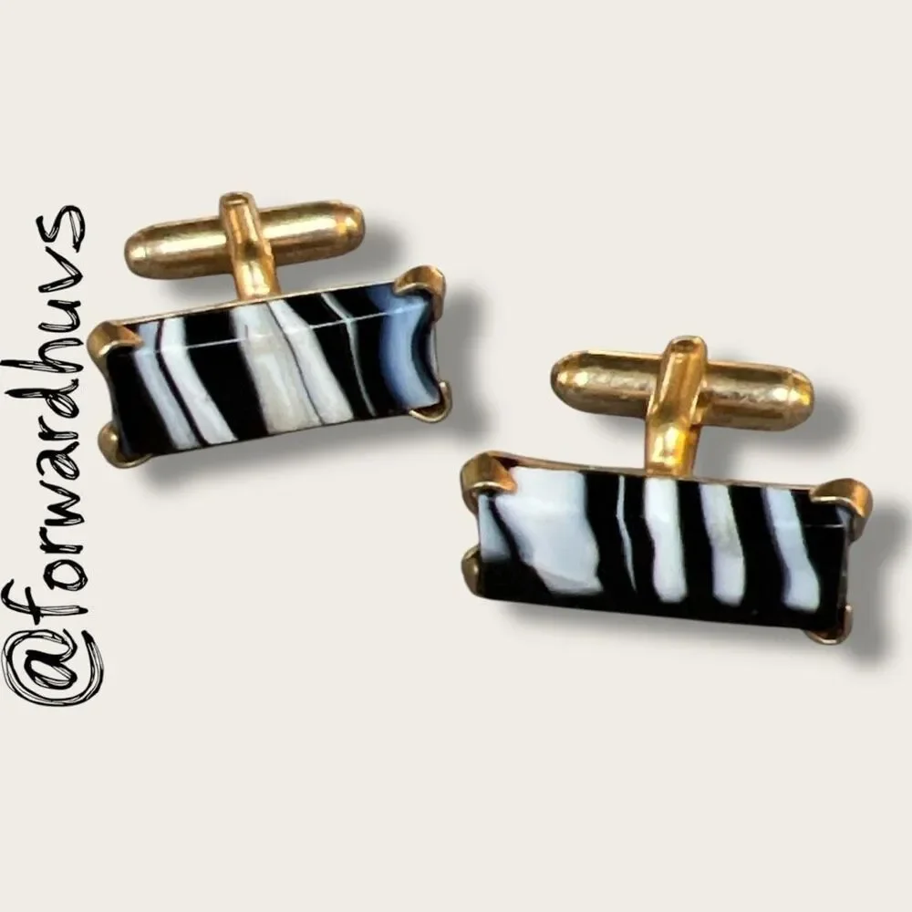 Gold Tone Cufflinks – 3/4” Black and White Stripes
